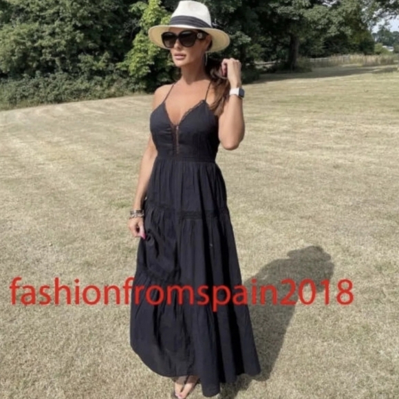Zara Black Cotton Lace Tiered Midi Dress Size Large Cross Strap Open Back Vacay - Picture 4 of 15